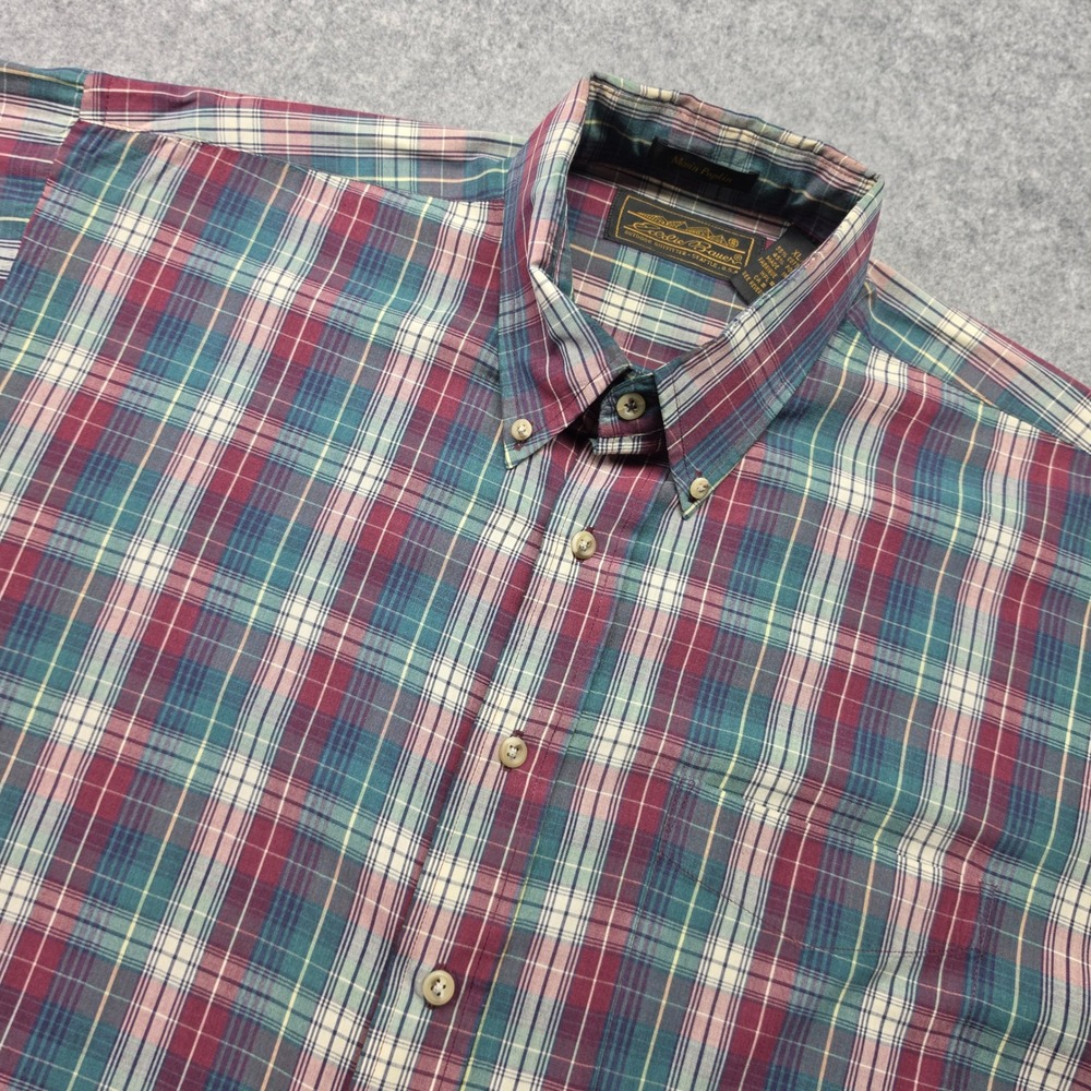 Eddie Bauer Marin Poplin Plaid Button Down Shirt Mens XL Burgundy Teal Outdoor